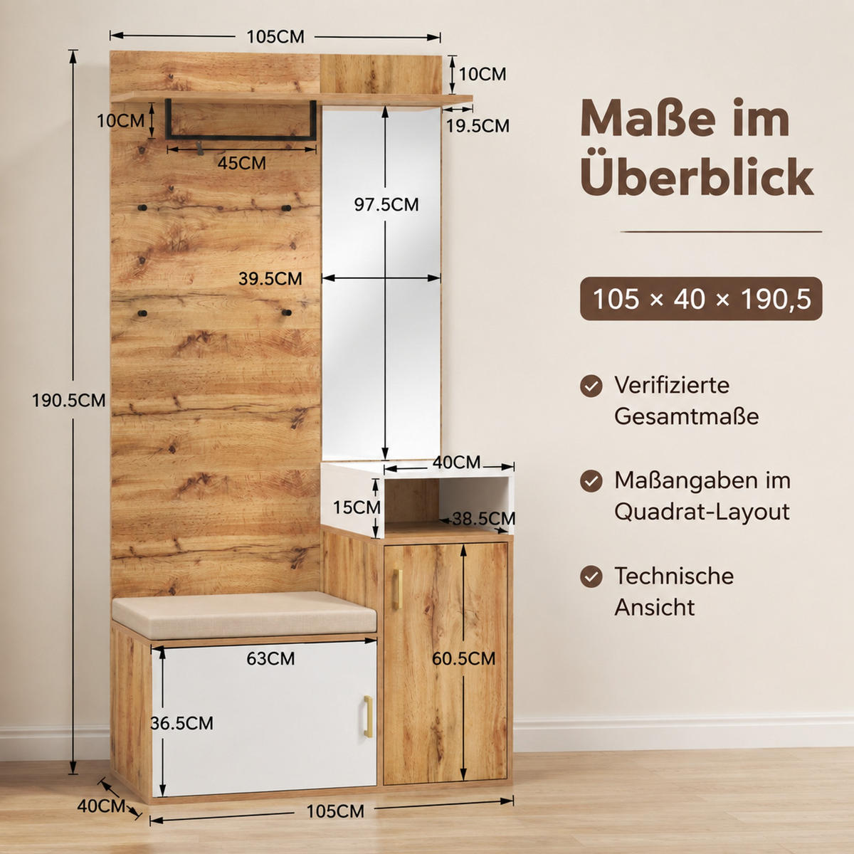 GARDEROBENSET 105/40/190,5 cm aus MDF und Spanplatte mit Spiegel und Sitzbank Weiß/Holzfarben - Weiß, Holzwerkstoff (105/190.5/40cm) - Modenvie