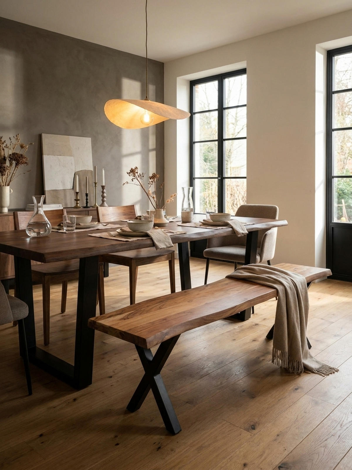 ESSZIMMERBANK Massivholz Metall Baumkante X-Beine, Akazie 180x40x46 cm - Schwarz/Braun, Holz/Metall (180/46/40cm) - KADIMA DESIGN