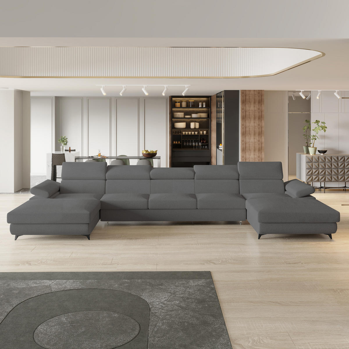 ROHOVÁ SEDAČKA VIVENTE šedá - šedá/černá, kov/dřevo (410/190cm) - MASSENO