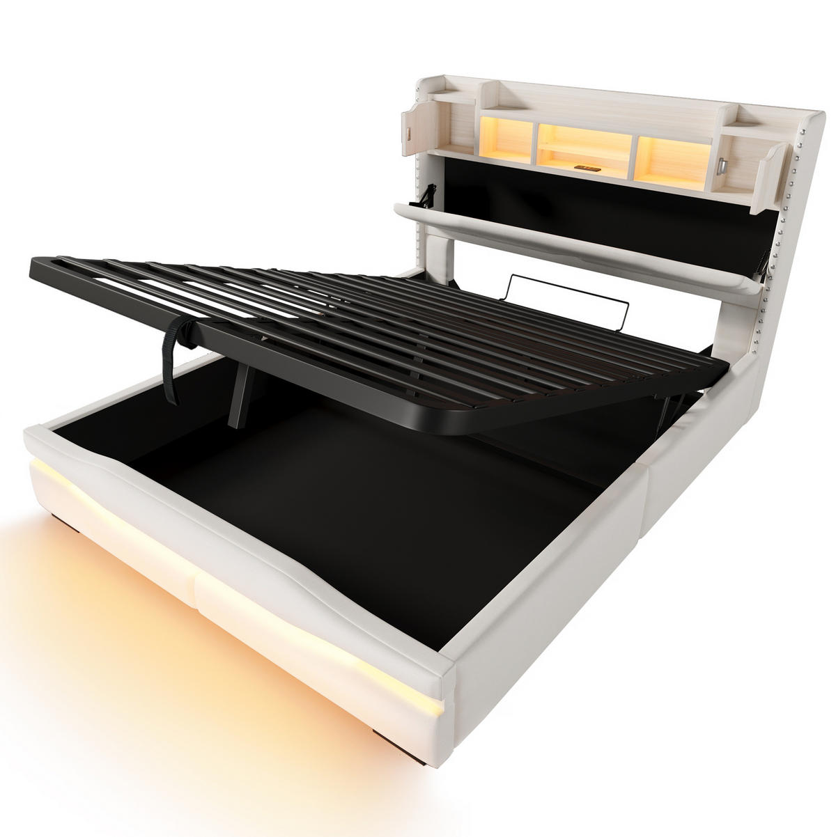 POLSTERBETT mit Stauraum, LED und USB 160x200 cm Leinen Beige - Beige, Metall (160/200cm) - Meubliv
