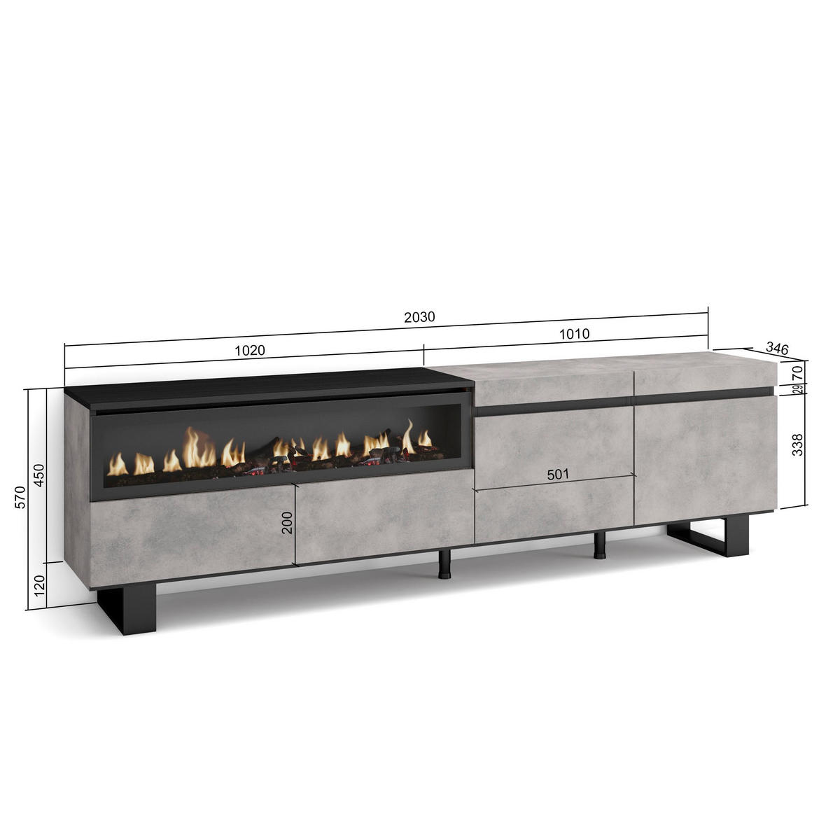 TV-SCHRANK zementgrau, mit Elektrokamin, 200/35/57cm - Hellgrau, Holzwerkstoff (200/57/35cm) - Skraut Home