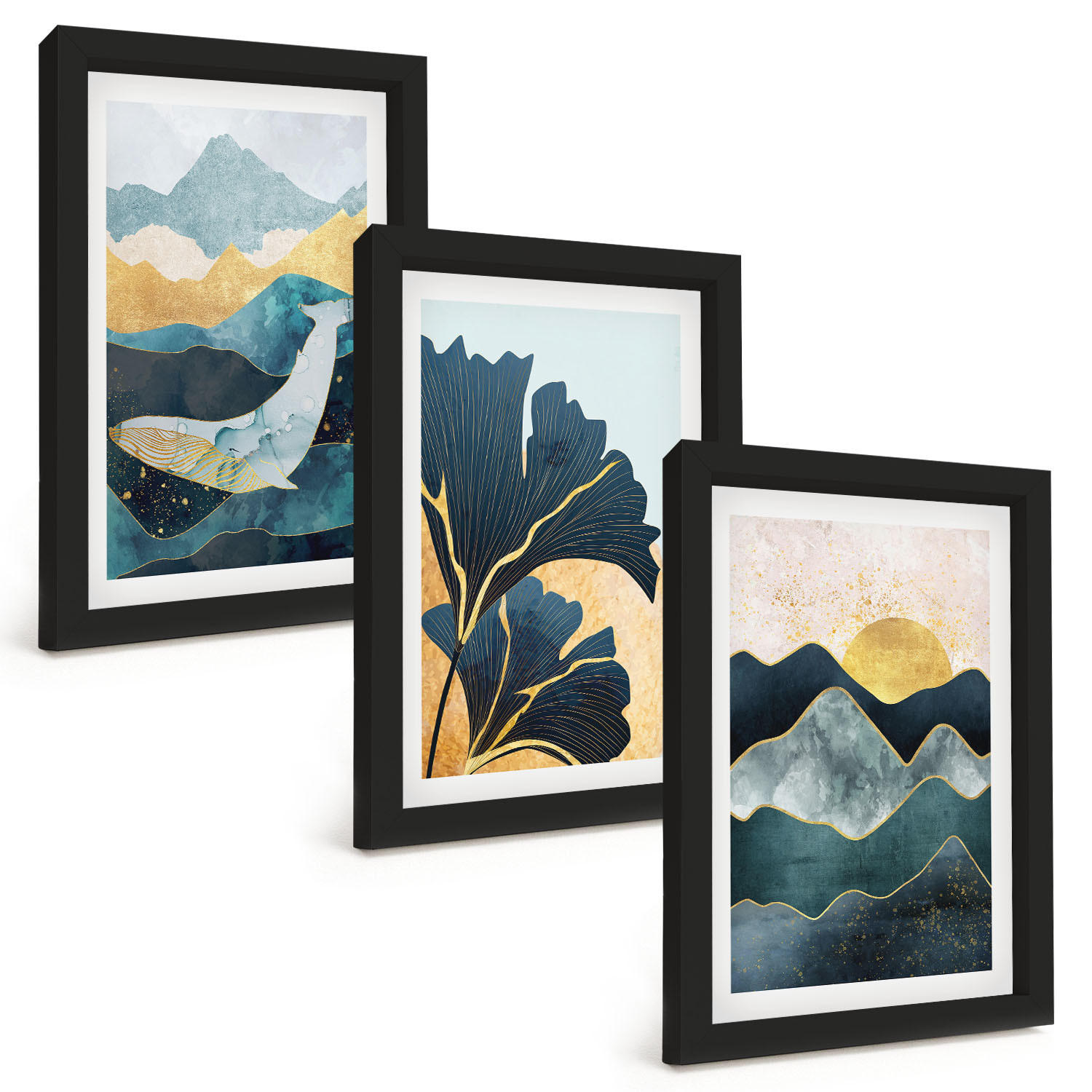 BILDER SET 3er Set - 20x30 cm Schwarzer Rahmen - Abstrakte Bergansichten - Schwarz, Kunststoff (20/30cm) - TULUP