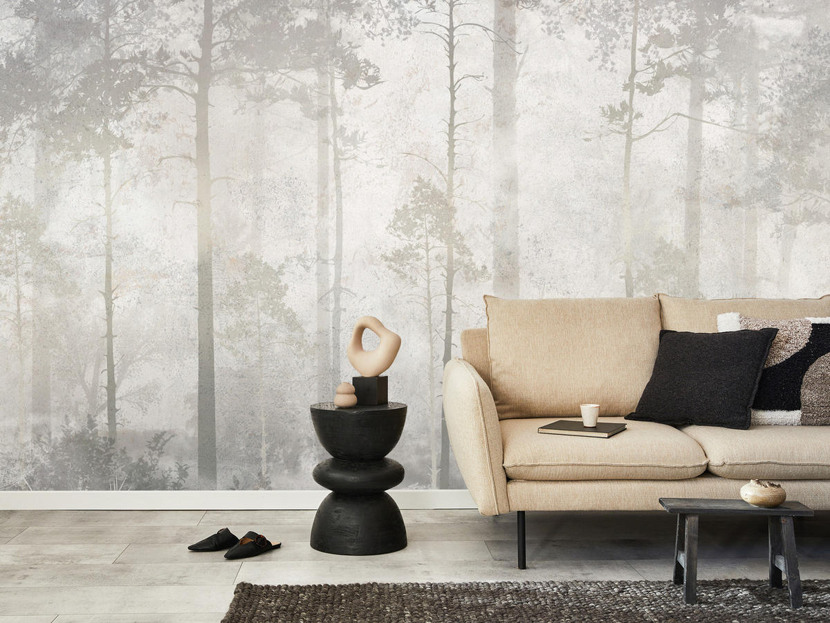 FOTOTAPETE für Wohnzimmer Nebliger Wald Vintage Bäume 300x210 - Beige/Grau, Papier (300/210cm) - Muralo