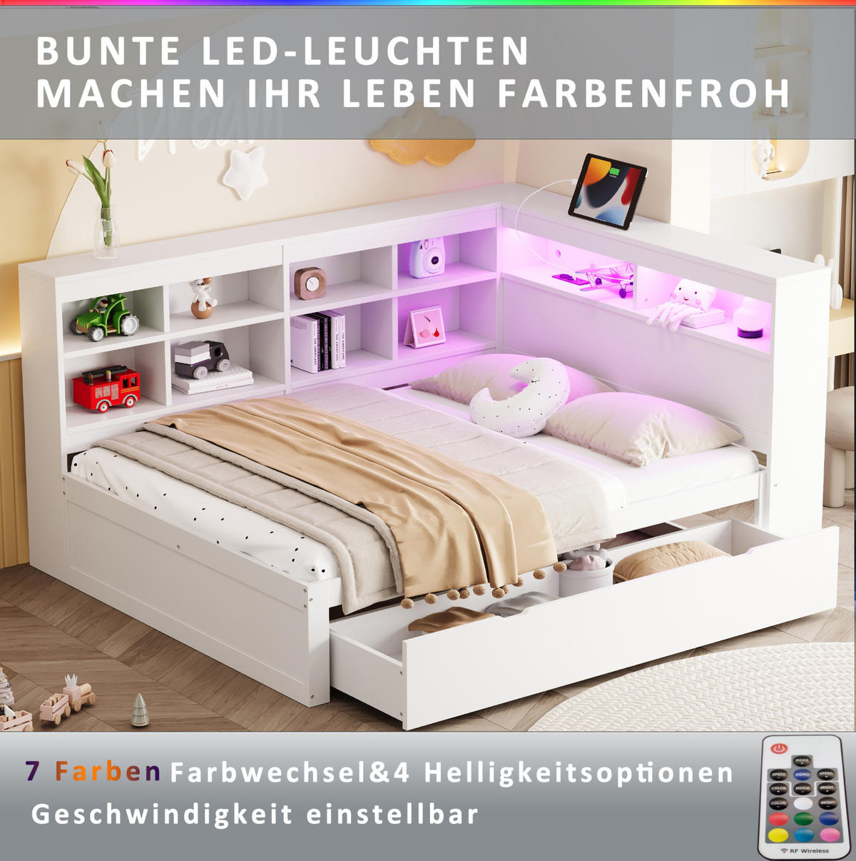 BETT 140x200 cm Weiß mit USB-Steckdose, LED-Beleuchtung und viel Stauraum - Weiß, Holzwerkstoff (140/200cm) - Modfu