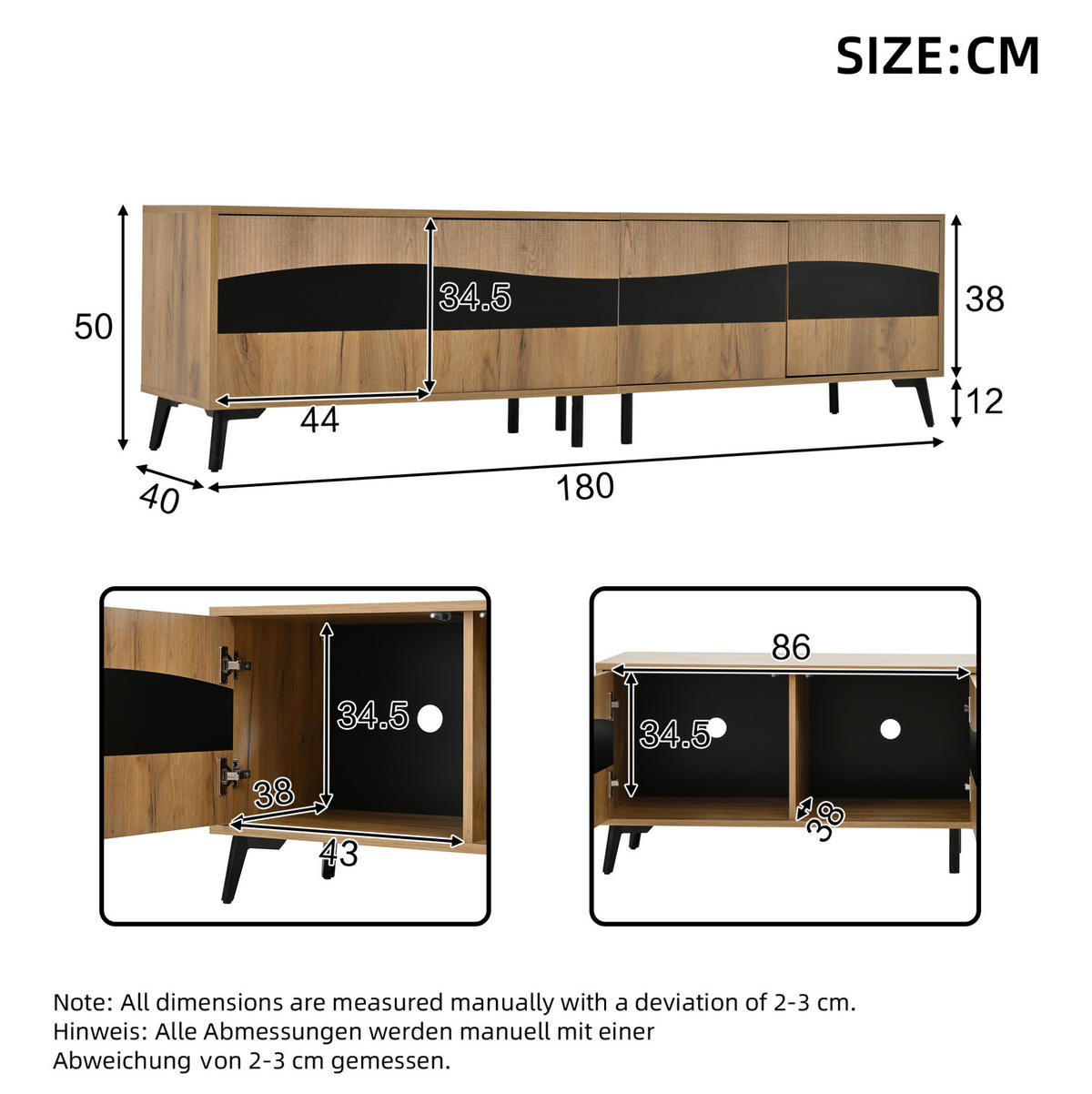 TV-LOWBOARD aus Spanplatte 180x40x50 cm Natur/Schwarz mit 4 Türen und Stauraum - Naturfarben, Holzwerkstoff (180/50/40cm) - IVMEU