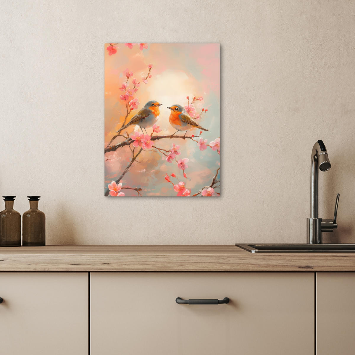 LEINWANDBILD Rotkehlchen - Zierpflanze - Blütenzweig 30x40 cm - Hellrosa, Textil (30/40cm) - MuchoWow