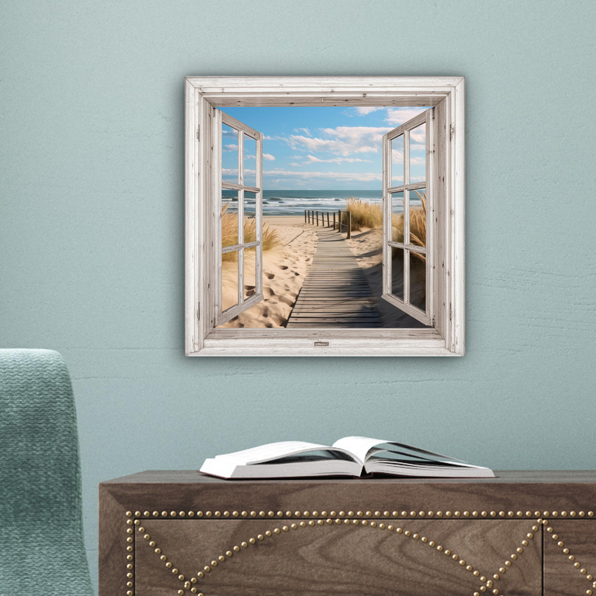 LEINWANDBILD Fenster - Meer - Küste - Natur - Ausblick - Strand - Wattenmeer Deko Wohnzimmer 20x20 cm - Beige, Textil (20/20cm) - MuchoWow