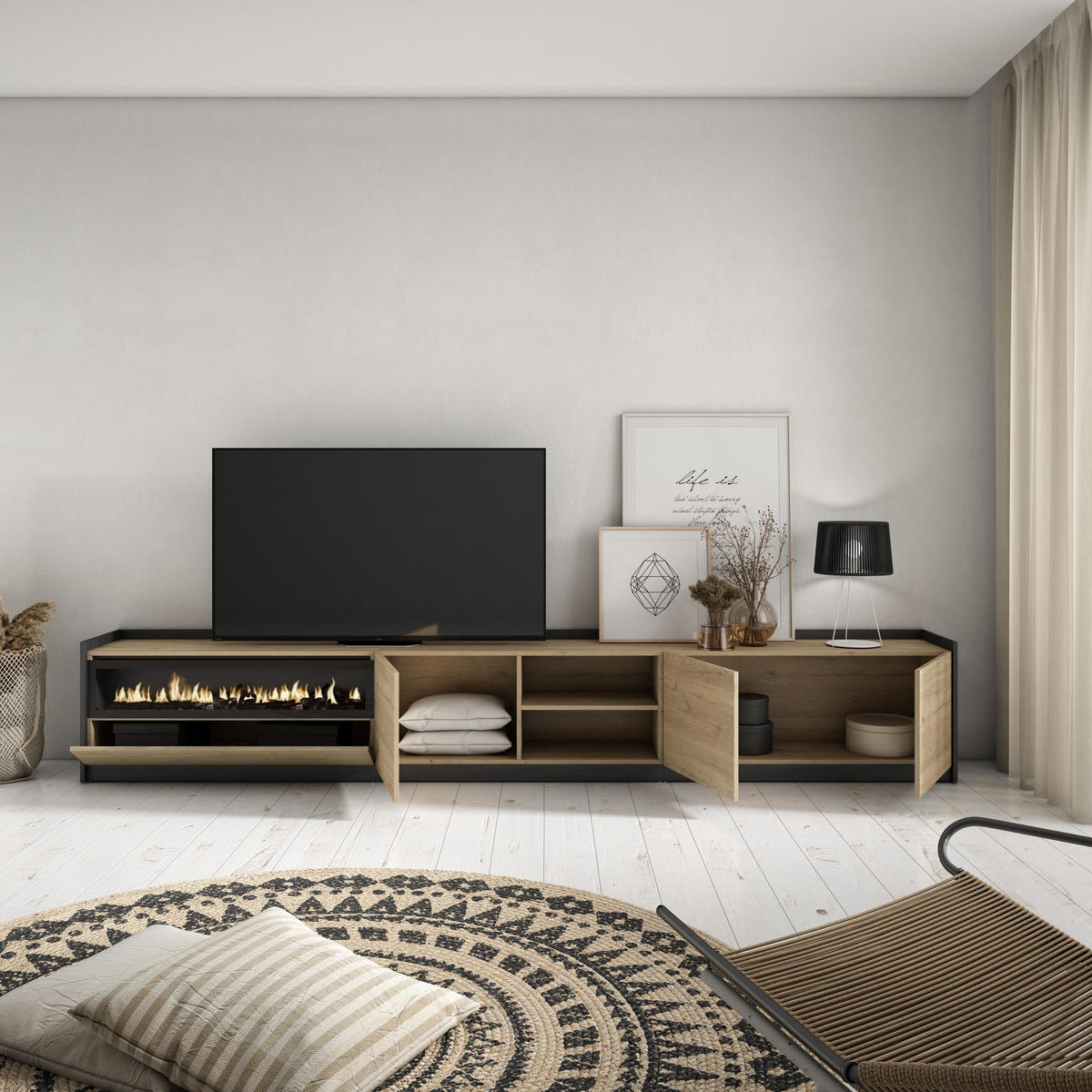 TV-SCHRANK, Lowboard, Eiche Schwarz, Elektrokamin, 310/37/50cm - Eichefarben, Holzwerkstoff (310/50/37cm) - Skraut Home