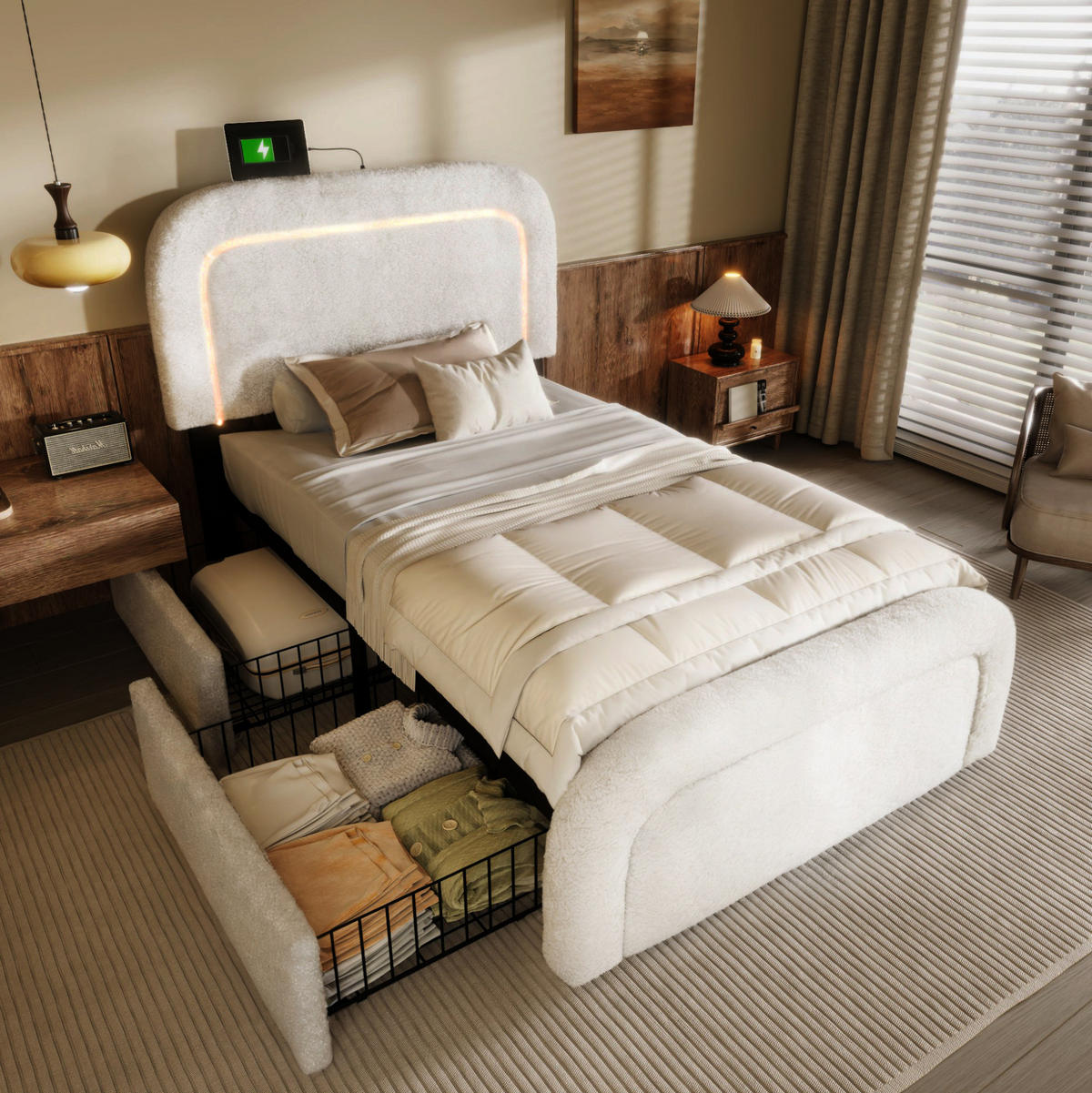 BETT mit USB, LED und 2 Schubladen 90x200 cm Sherpa Weiß - Weiß, Metall (90/200cm) - Meubliv