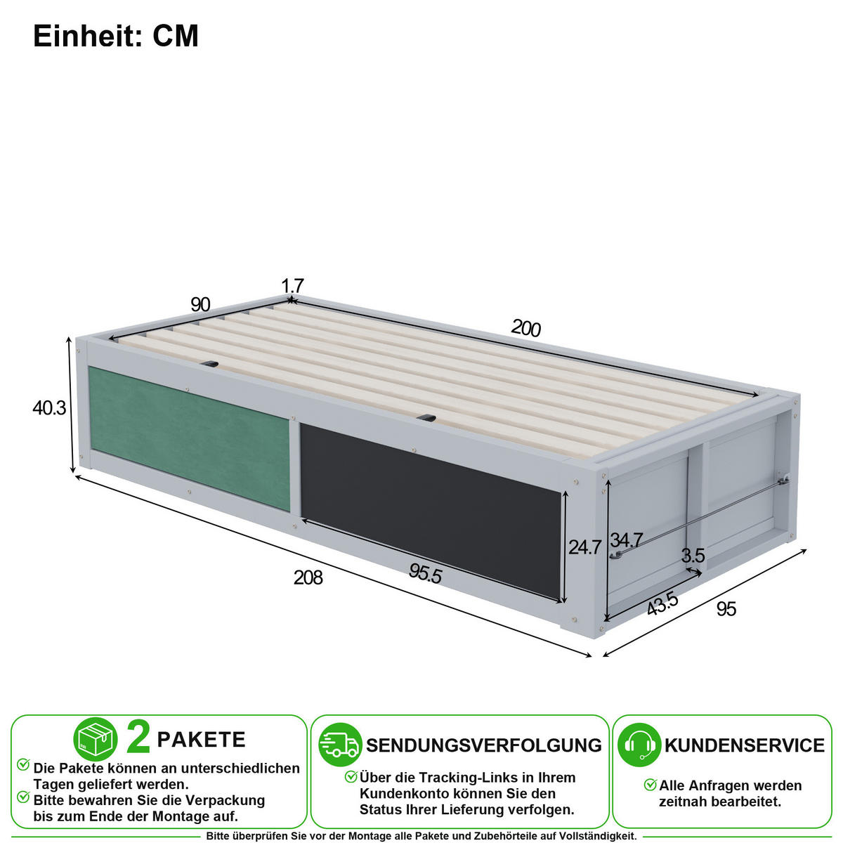 KINDERBETT 90/200 cm in Grau mit Stauraum, Regal und Kreidetafel - Grau, Holz/Holzwerkstoff (90/200cm) - CHICFURN