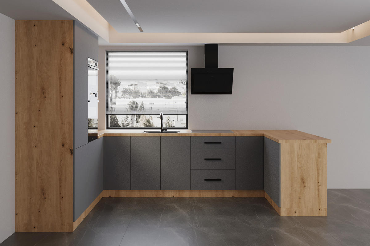 ECKKÜCHE 210 × 320 ×150 cm - Langen K103-M680 - in Beige / Matt - Beige/Schwarz, Holz/Holzwerkstoff (320/212/210cm)