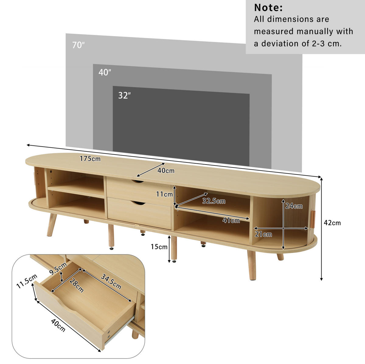 NÍZKÁ komoda z MDF, 175/40/42 cm, dekor světlý ořech, se 2 zásuvkami a posuvnými dvířky - barva starého dubu, kompozitní dřevo (175/42/40cm) - BEAOK