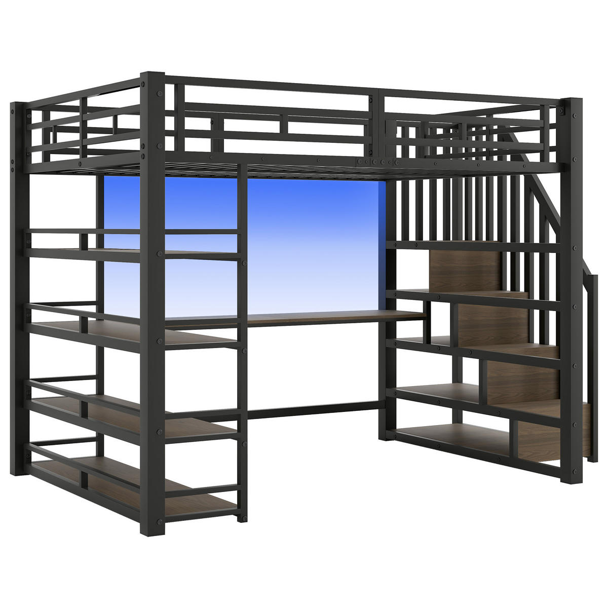HOCHBETT 140/200 cm DE-03408, mit Treppe, Schreibtisch, Staufächern und LED, in Schwarz - Schwarz, Holzwerkstoff/Metall (140/200cm) - ComfortXL