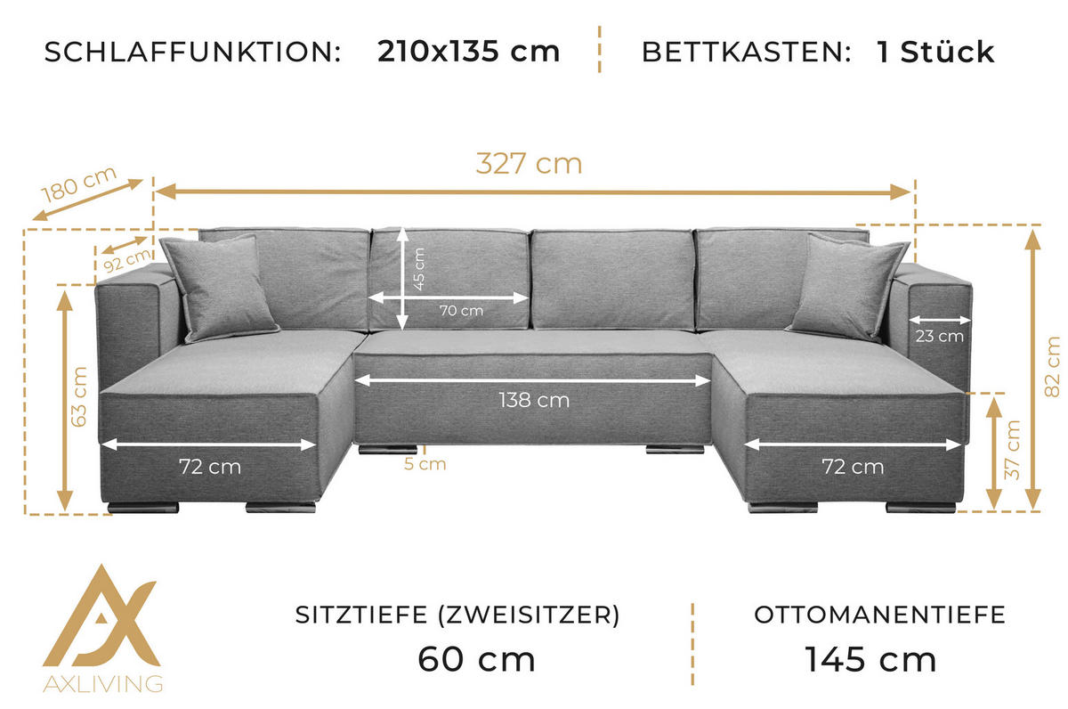 WOHNLANDSCHAFT Vinoria Dunkelgrau 327/180/82 cm mit Schlaffunktion - Chromfarben/Dunkelgrau, Textil/Metall (327/82/180cm) - AX Living