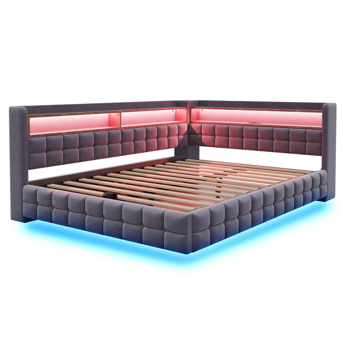 SAMETOVÁ postel 140/200 cm s LED osvětlením, USB, USB-C, zásuvkou, hydraulickým úložným prostorem a policemi, šedá - šedá, textil (140/200cm) - Redom