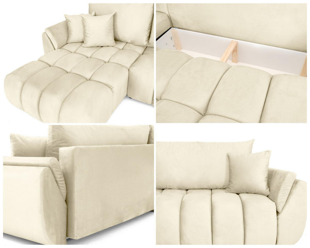 ECKSOFA Iris mit Schlaffunktion und Bettkasten, links oder rechts montierbar – Beige Samt 280/184/85 cm - Ecru/Beige, Kunststoff/Textil (280/184cm) - WFL GROUP