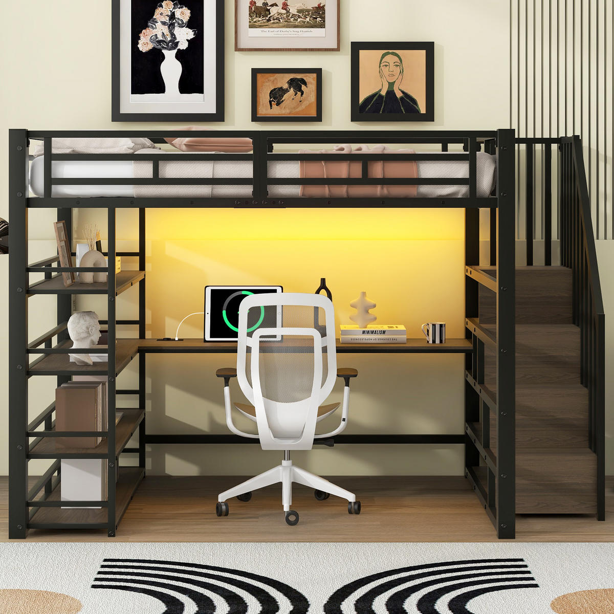 HOCHBETT 140/200 cm DE-03408, mit Treppe, Schreibtisch, Staufächern und LED, in Schwarz - Schwarz, Holzwerkstoff/Metall (140/200cm) - ComfortXL