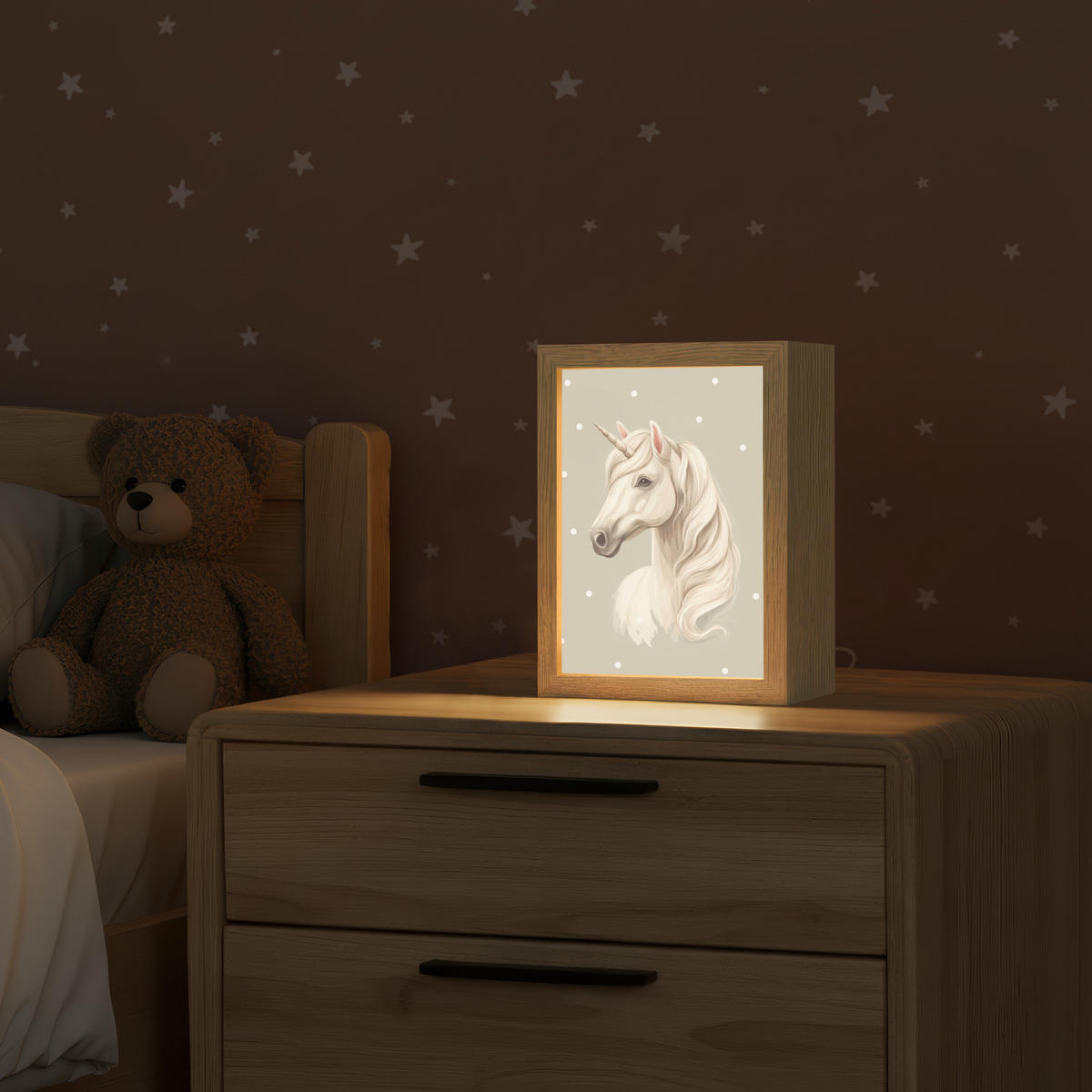 NACHTTISCHLAMPE Einhorn - Weiß - Punkte 15x20 cm - Taupe, Holzwerkstoff (8/15/20cm)