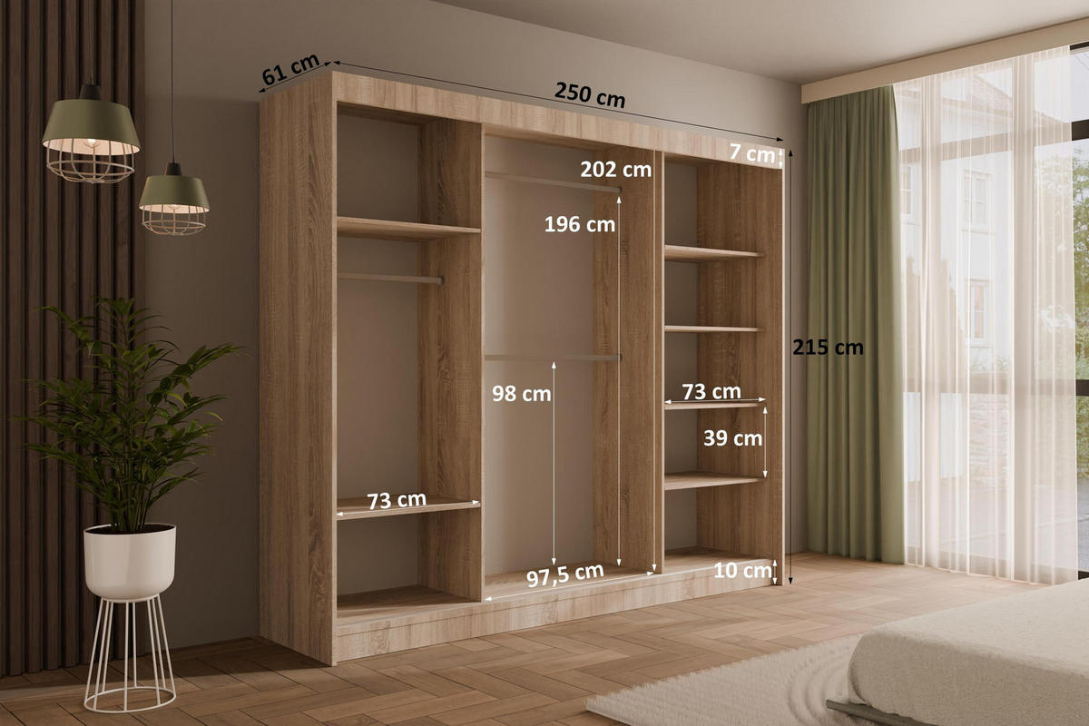 KLEIDERSCHRANK mit Lamel-Schiebetüren VILANv2 - 250 cm Sonoma Eiche + Lamelle Eiche Wotan - Eiche Wotan/Sonoma Eiche, Holzwerkstoff (250/215/61cm) - ALTDECOR
