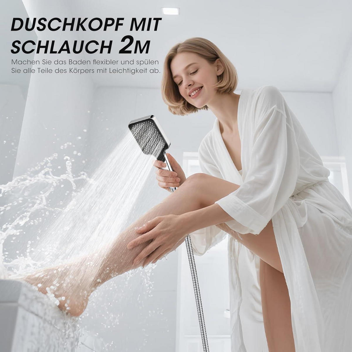 DUSCHKOPF mit Schlauch 2M Hochdruck Regendusche Wassersparend Silber - Silberfarben, Metall (19/12.7/28.5cm)