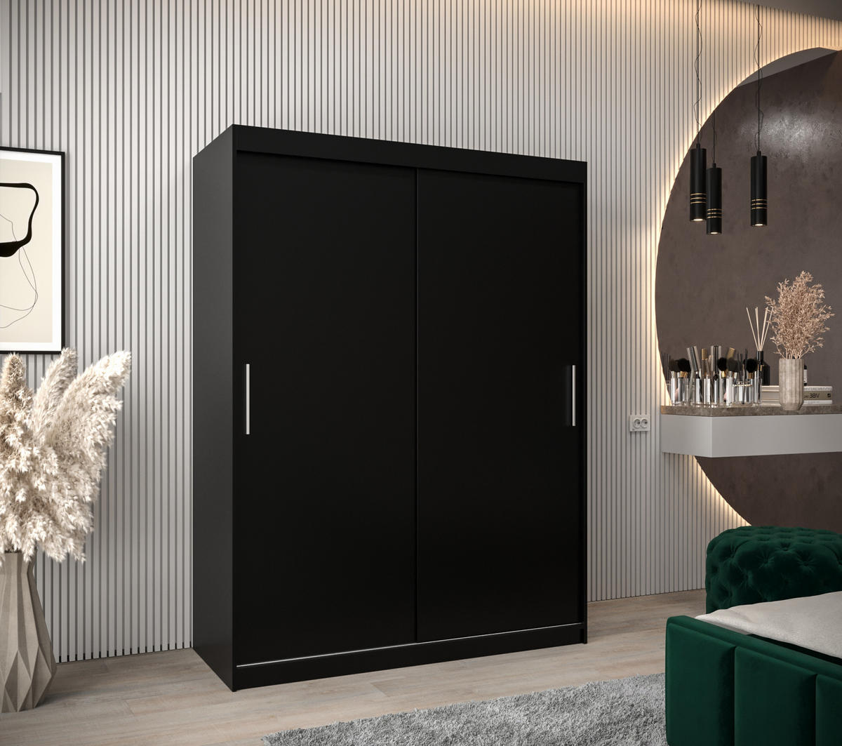 SCHWEBETÜRENSCHRANK 200/150/62 2-türig - Silberfarben/Schwarz, Holz/Kunststoff (150/200/62cm) - MÖBEL KRYSPOL