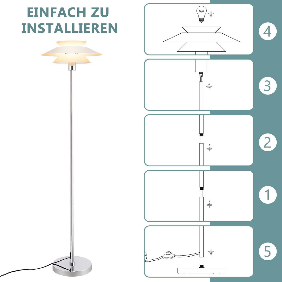 STEHLEUCHTE Albert 40/25/145 cm - Weiß, Metall (25/20/143cm) - Nettlife