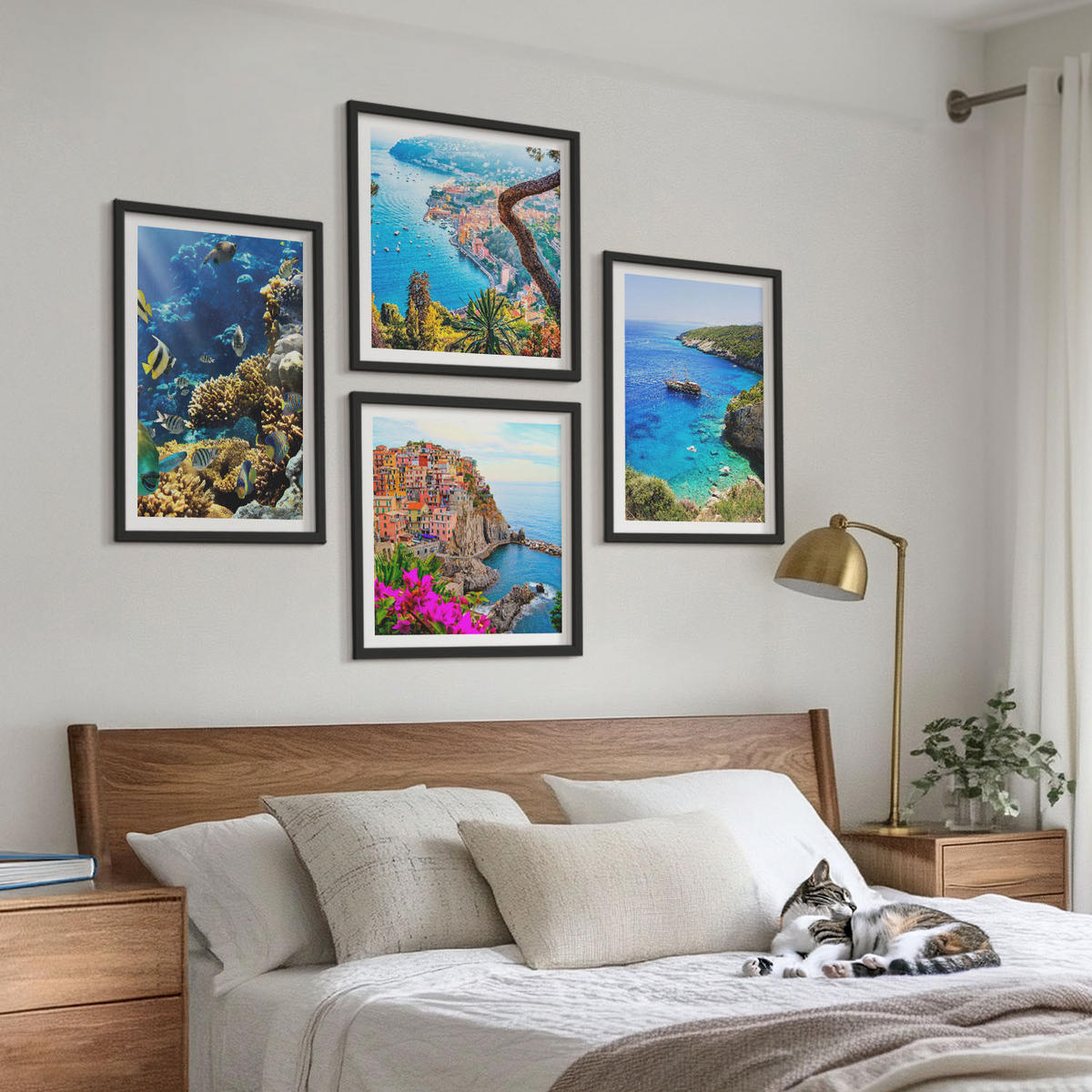 WANDBILDER 4er-Set - 50x50 cm & 40x60 cm Schwarzer Rahmen - Meerblick, farbenfrohe Häuser - Schwarz, Kunststoff (50/50cm) - ArtPrintCave