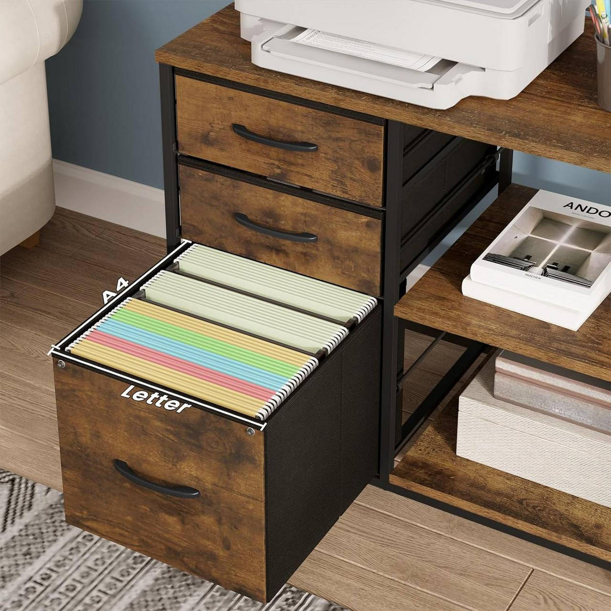 KONSOLENTISCH mit Ladestation,mit Rolle, Holzoptik - Schwarz/Teakfarben, Holzwerkstoff/Textil (40/80/66cm) - Woltu
