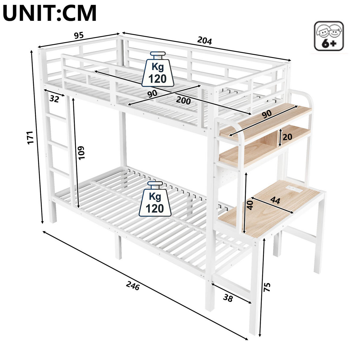 ETAGENBETT 90/200 cm in Weiß mit Schreibtisch, Regal, LED und USB Metall Kinderbett - Weiß, Holzwerkstoff/Metall (90/200cm) - STILVORA