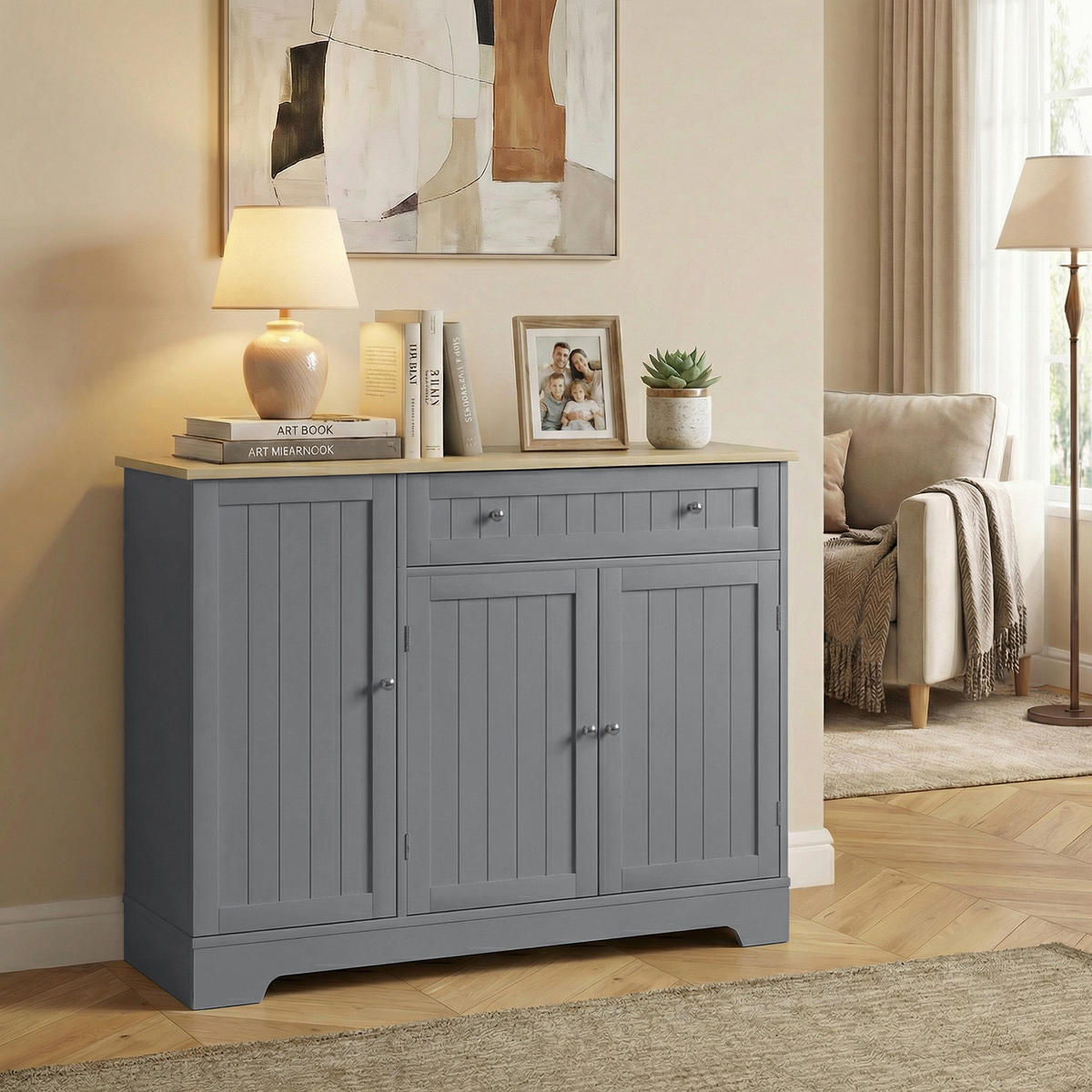 SIDEBOARD DE-11323 3 Türen & Schublade mit verstellbarem Boden Grau - Grau, Holzwerkstoff (105/83/40cm) - ComfortXL