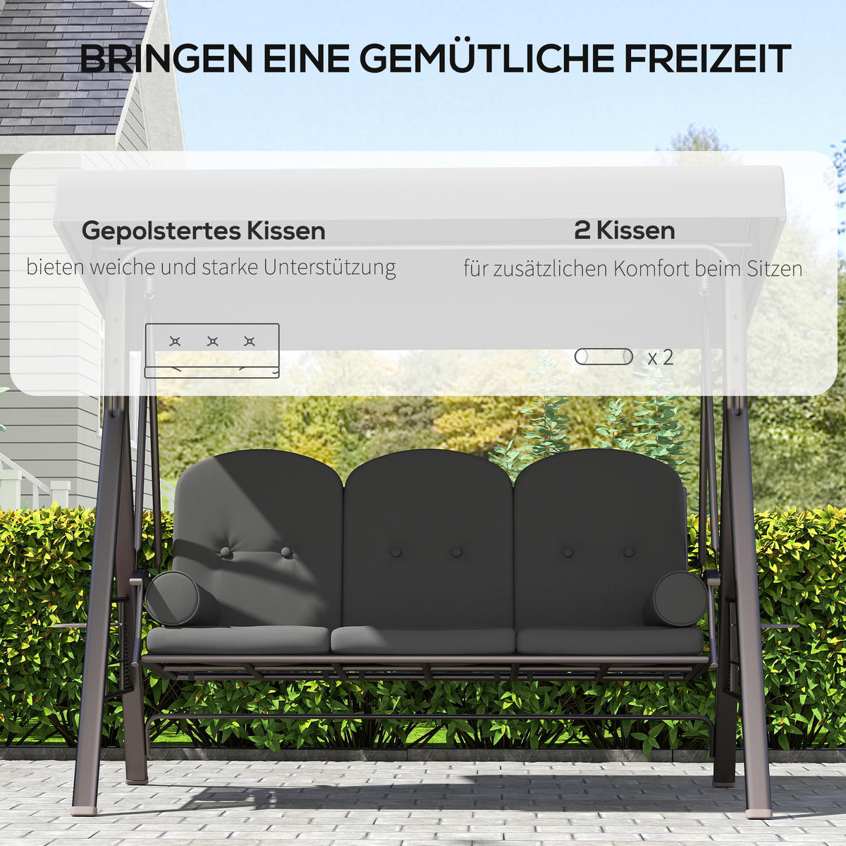 HOLLYWOODSCHAUKEL 3-Sitzer Gartenschaukel mit Sonnendach Tablett Sitzauflage - Dunkelgrau, Textil/Metall (121/172/208cm) - Outsunny