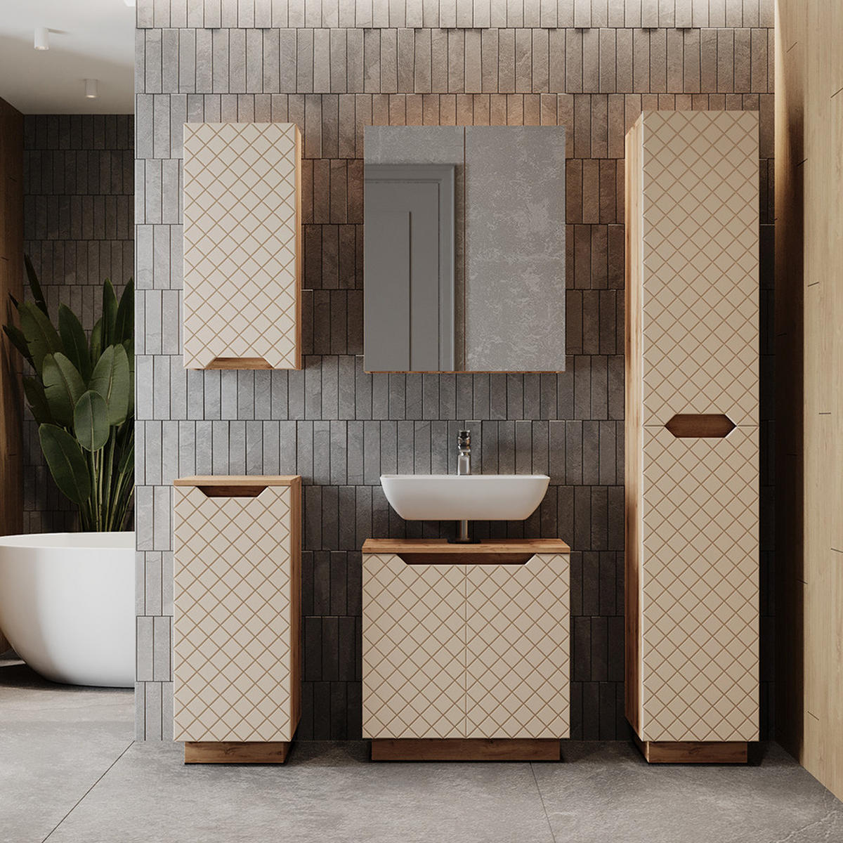 BADMÖBEL-SET Lotta Eiche/Kaschmir mit Kachelstruktur 5 Teile - Kaschmir/Eichefarben, Holzwerkstoff (59.8/62.1/32cm) - Vicco