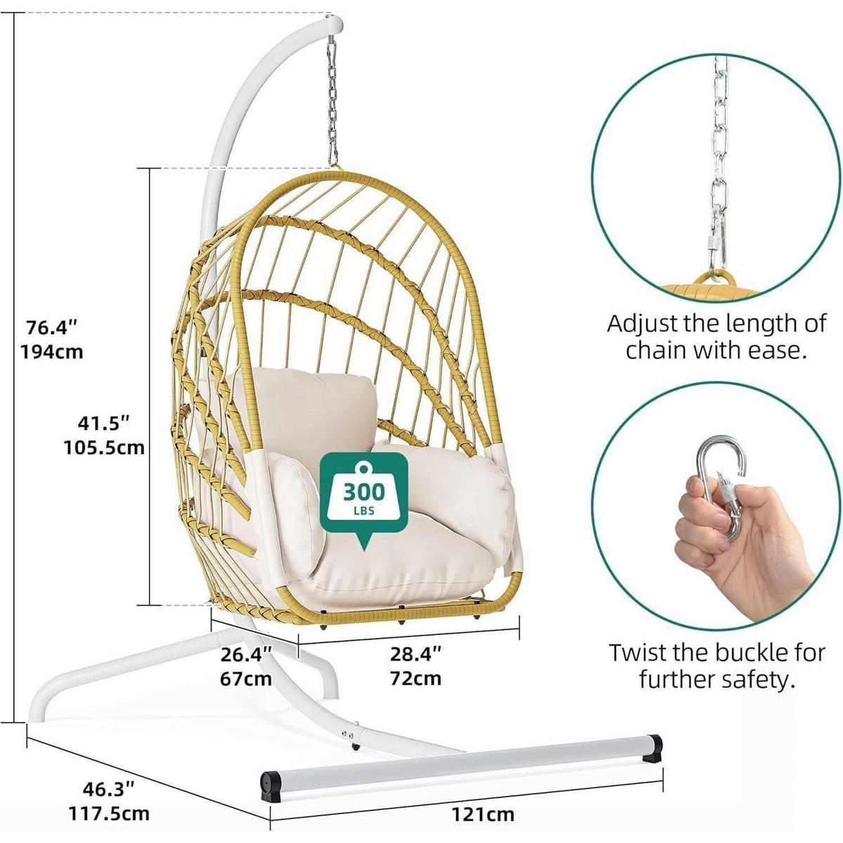 HÄNGESESSEL mit Ständer Beige Rattan-Korb 160 kg Tragfähigkeit - Beige, Naturmaterialien (117.5/194/121cm)