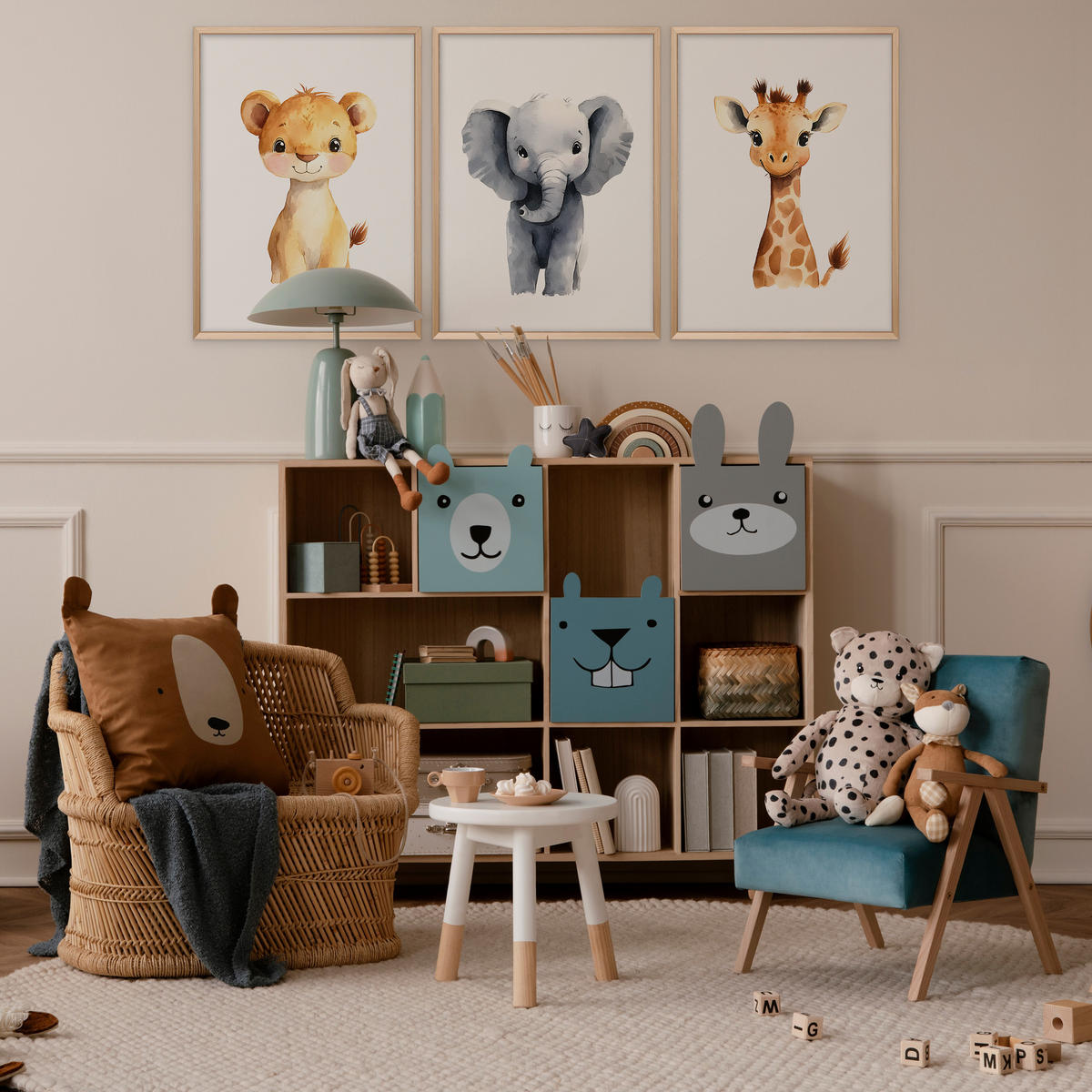 SADA PLAGÁTOV Do Detskej Izby DIVOKÉ ZVIERATÁ Lev Slon Žirafa 3x Plagát A4 21 x 30 cm - oranžová/žltá, papier (21/30/1cm) - Muralo