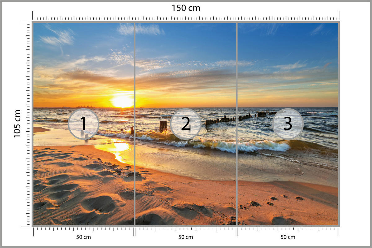 FOTOTAPETE für Schlafzimmer Sonnenuntergang Meer Landschaft Strand 150x105 - Beige/Orange, Papier (150/105cm) - Muralo