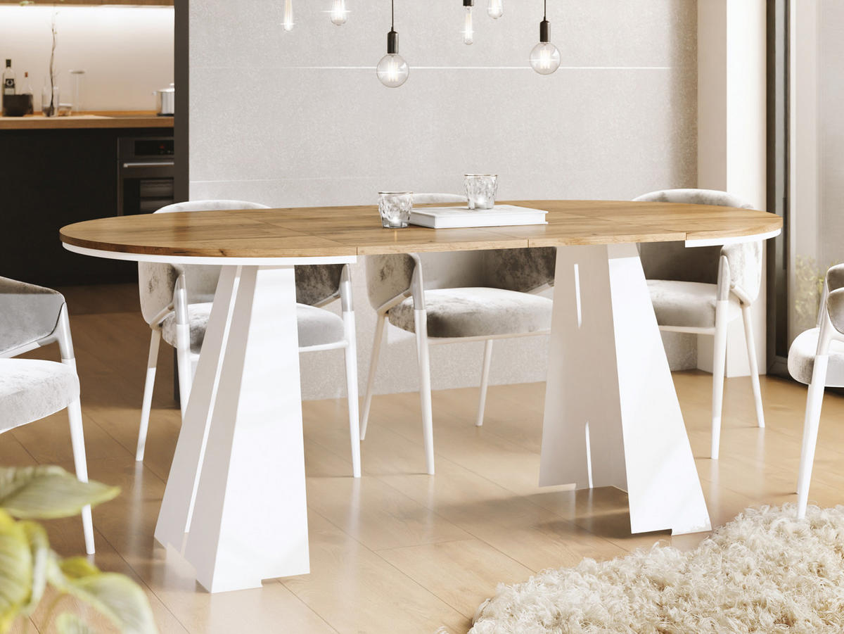 ESSTISCH Kova runder ausziehbarer, Craft Eiche 120-200/120/76 cm - Eiche Wotan/Weiß, Holzwerkstoff/Metall (120/120/76cm) - WFL GROUP