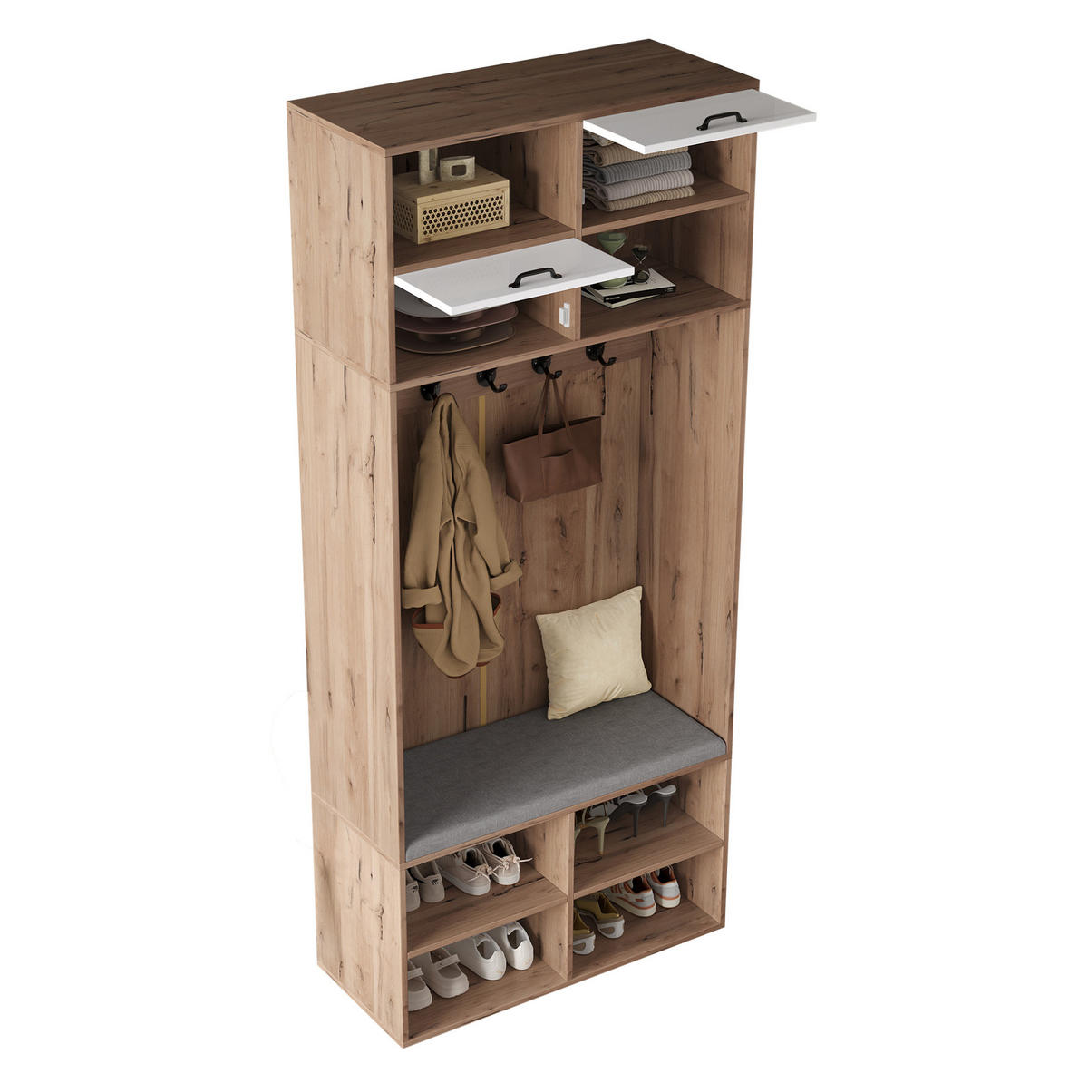GARDEROBE 80/35/185 cm weiß/naturfarben aus Spanplatte mit Sitzbank LED und Stauraum - Naturfarben, Holzwerkstoff (80/185/35cm) - OKWISH