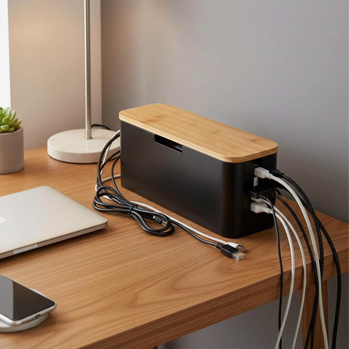 KABELBOX - Schwarz, Holz/Metall (11/34/14.5cm) - Relaxdays