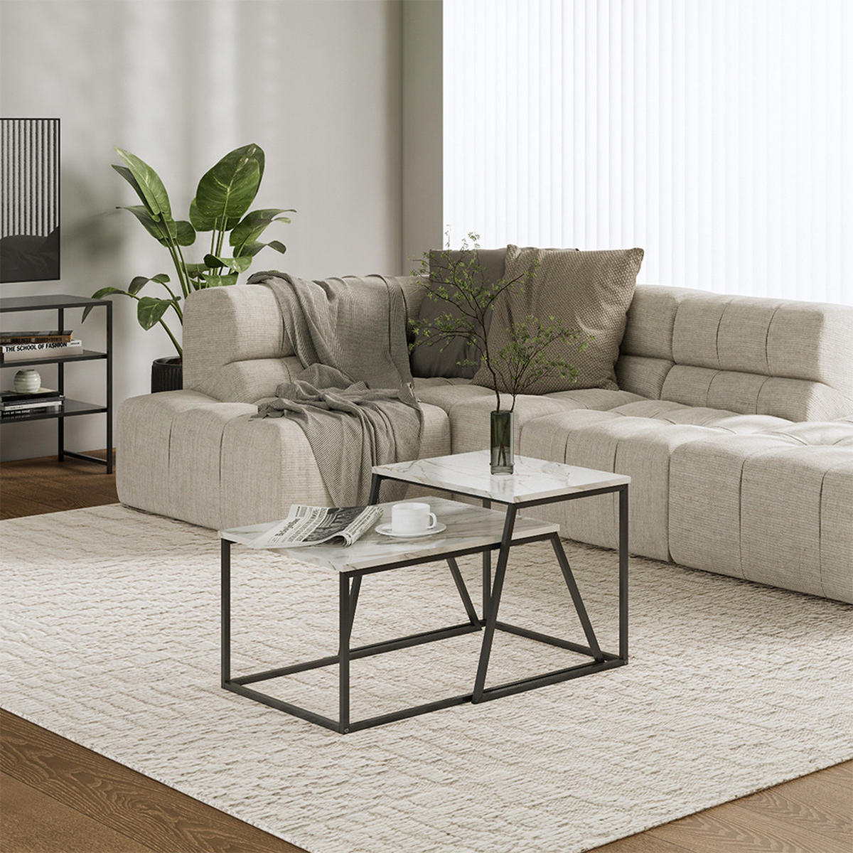 COUCHTISCH-SET Myra Schwarz/Marmor-Weiß 60 x 50 cm 2 Teile - Weiß Hochglanz/Schwarz, Holzwerkstoff (50/60/38cm) - Vicco