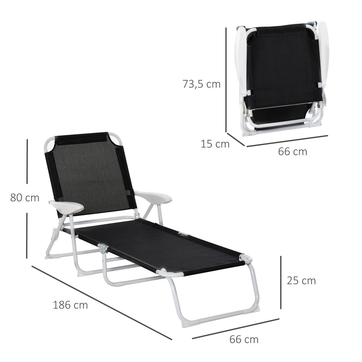 SONNENLIEGE - Schwarz, Kunststoff/Metall (66/80/160cm) - Outsunny