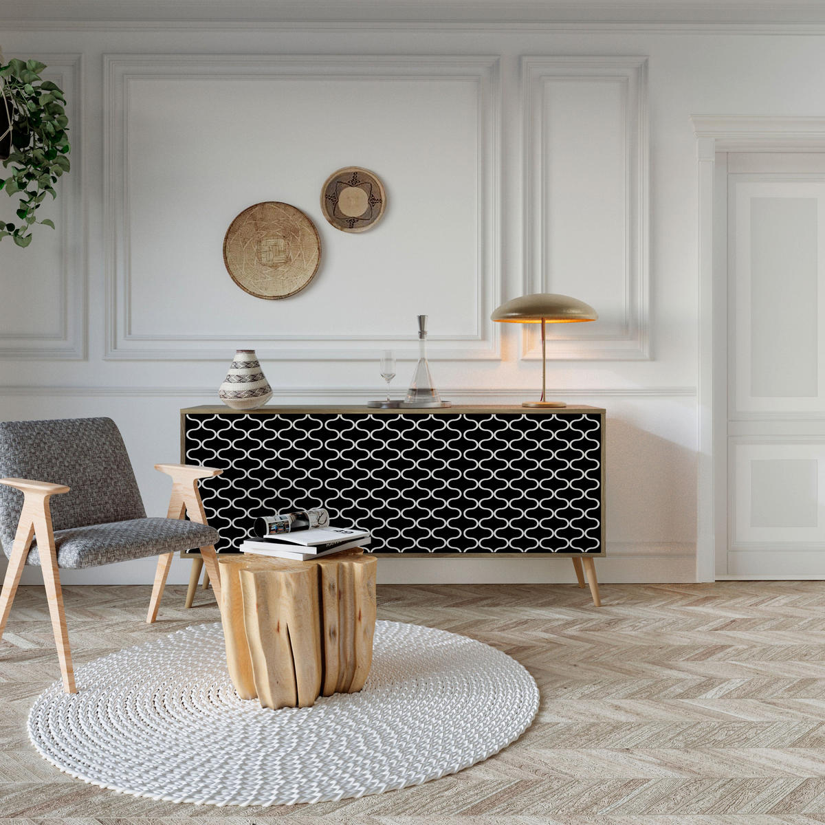 SIDEBOARD TESSELATED BLACKNESS, Eicheneffekt, 164,5x42x77,5 cm, 3 Türen - Eichefarben/Buchefarben, Holzwerkstoff/Buchenholz (164.5/77.5/42cm) - SpaceRebels