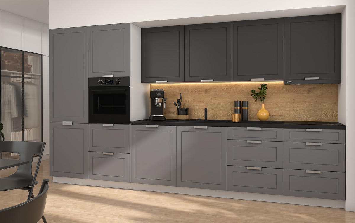 KÜCHENLEERBLOCK Kvantum weiß / dust grey & graphit matt, Arbeitsplatte schwarz 360 / 60 / 207cm 10-teilig - Schwarz/Grau, Holzwerkstoff/Metall (360/207/60cm) - Feldmann-Wohnen