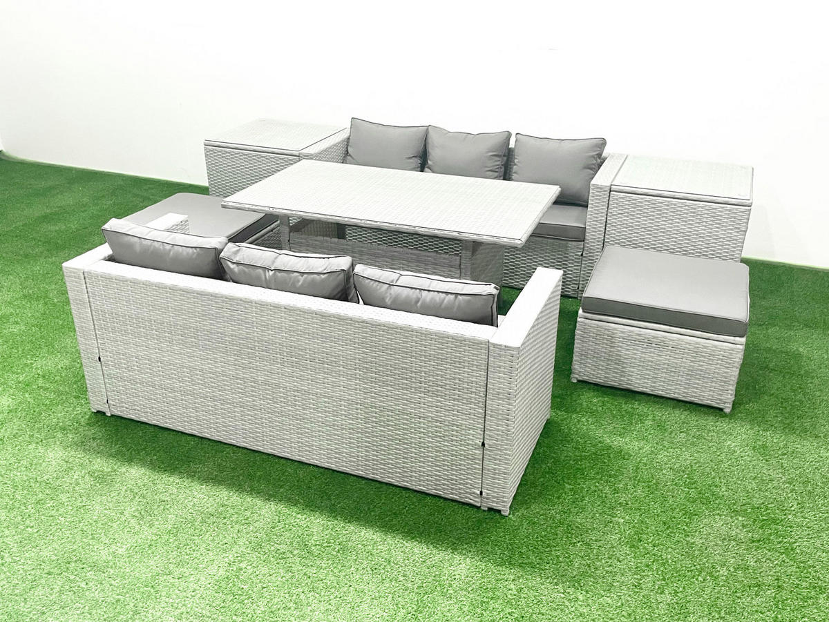 GARTENMÖBEL SET mit Esstisch,2 Großer Hockern,2 Beistelltischen Polyrattan Hellgrau 8-Sitzer - Hellgrau/Grau, Glas/Kunststoff - Fimous