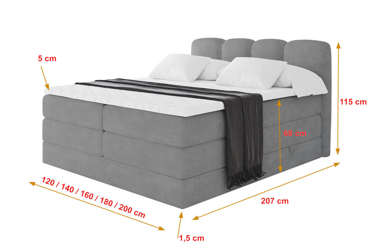 BOXBETT mit Matratze H3|H4 - NINA KING - 160x200 cm - Hellgrau - Hellgrau, Holzwerkstoff (160/200cm) - ALTDECOR