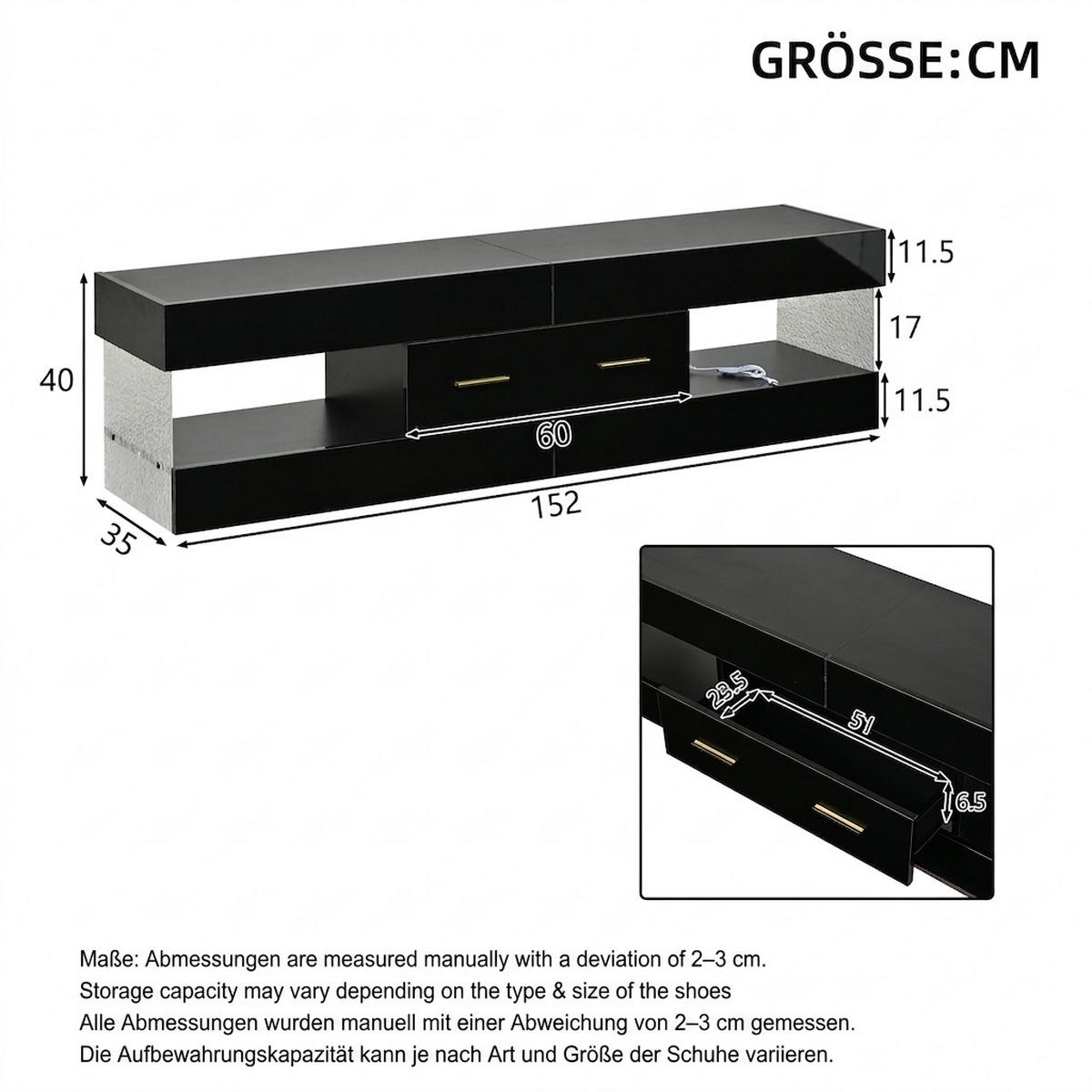 TV-SCHRANK 152/35/40 cm Schwarz Hochglanz mit LED und 2 Schubladen - Schwarz, Holzwerkstoff/Metall (152/40/35cm) - Oxeza