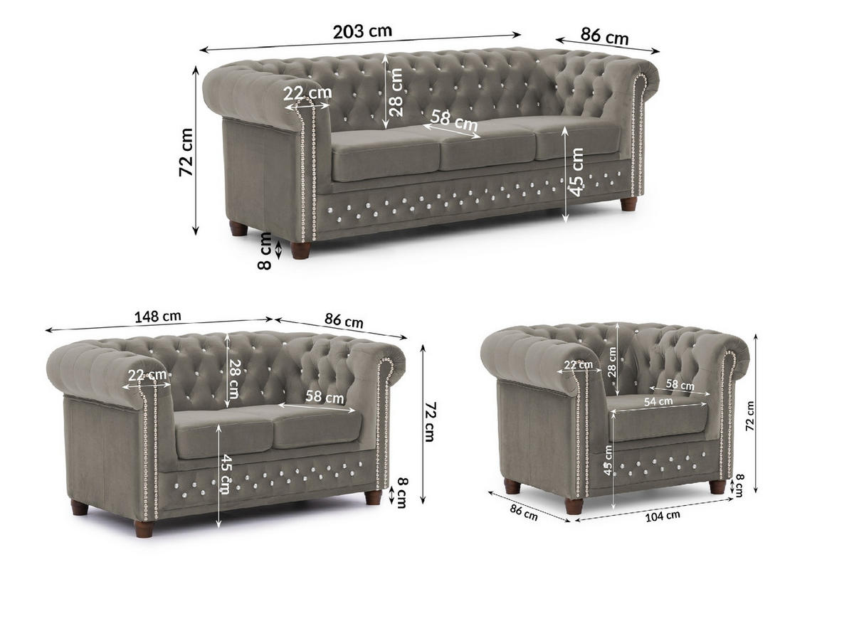 SITZGARNITUR 3+2+1 Chesterfield Cleo Blink Grau Samt mit Kristallsteppung und braunen Massivholzfüßen - Braun/Grau, Holz/Textil (203/72/86cm) - S-Style Möbel