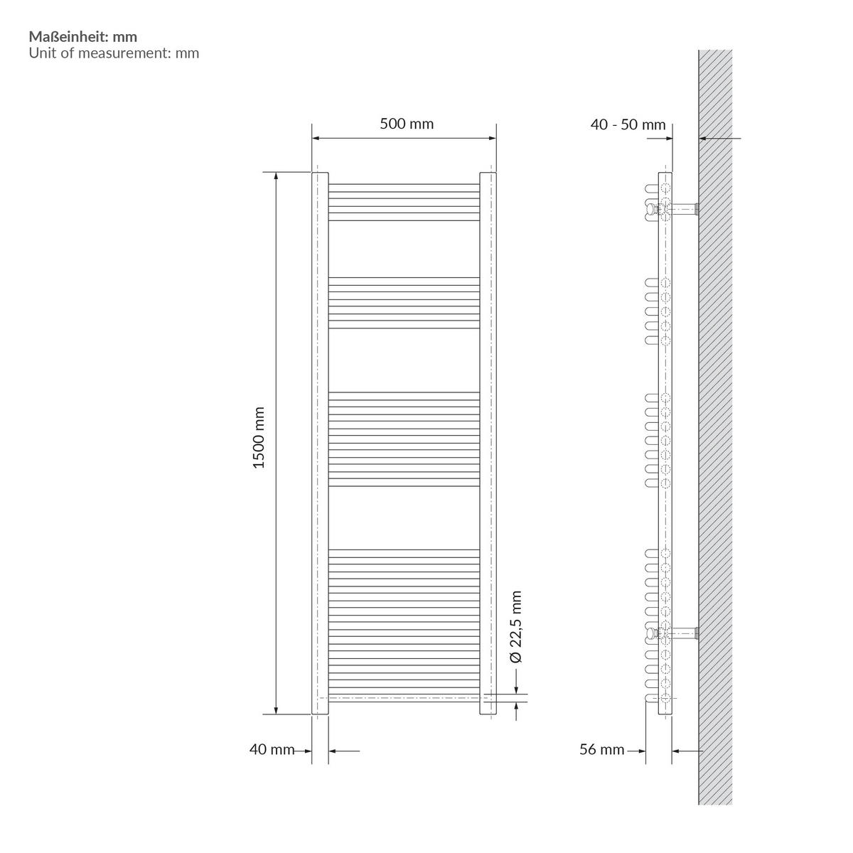 HANDTUCHHEIZKÖRPER 500 x 1500 mm Beige Badheizkörper gebogen mit Seitenanschluss - Beige, Metall (50/150/3cm) - LuxeBath