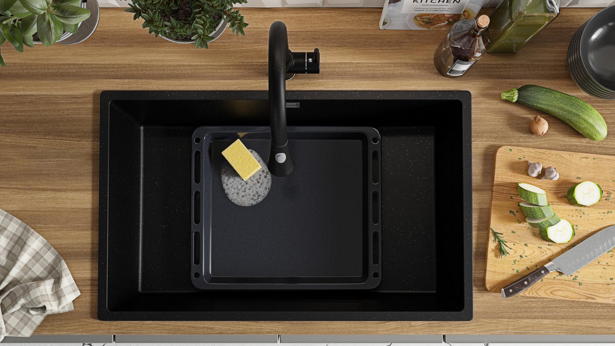 SPÜLBECKEN London Slim, 2-er set Schwarz Metallic 76/47 cm 1 Becken + Ablauf-Set ab 80er Unterschrank - Chromfarben/Schwarz Hochglanz, Kunststoff (76/20/47cm) - Primagran