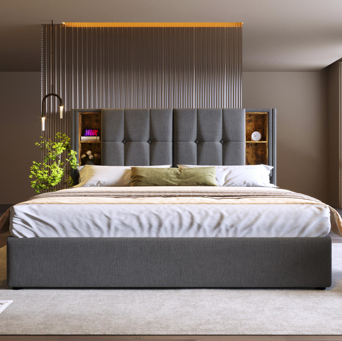 POLSTERBETT 160/200 cm Grau aus Baumwolle mit Stauraum, USB und kabellosem Laden - Grau, Textil (160/200cm) - OKMYHOME