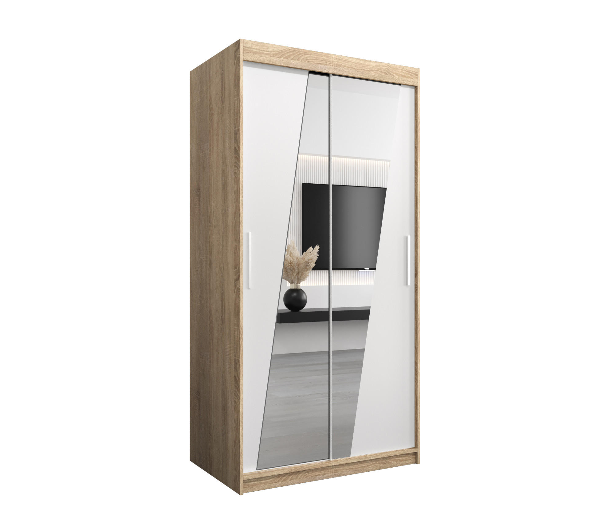 Abiks Möbel Schwebetürenschrank Sonoma Eiche, Weiß 100x200x62 cm
